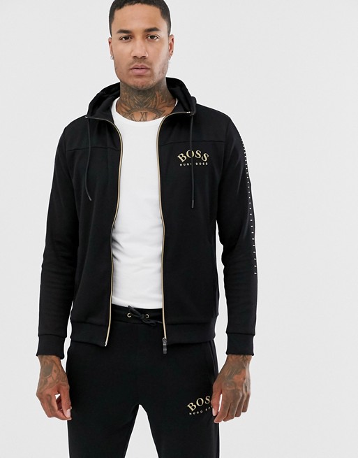 BOSS Athleisure gold logo zip through hoodie in black
