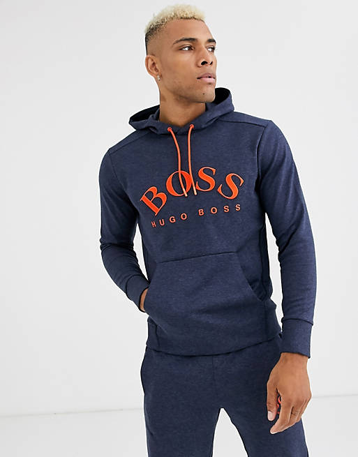 BOSS Athleisure orange logo hoodie navy marl | ASOS