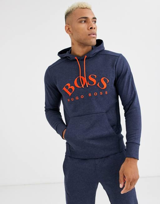 BOSS Athleisure orange logo hoodie in navy marl