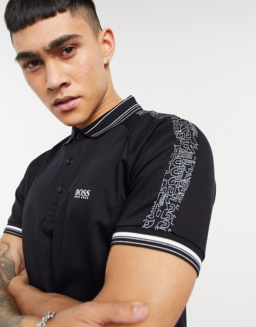 BOSS Athleisure Paddy 4 tape polo in black/white