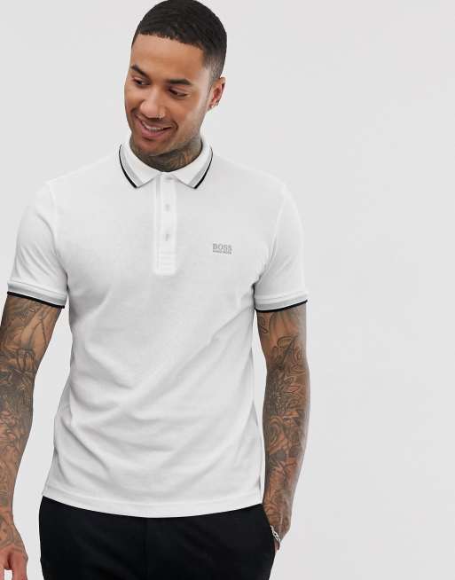 cirkulære lovgivning Robust BOSS Athleisure Paddy tipped polo in white | ASOS