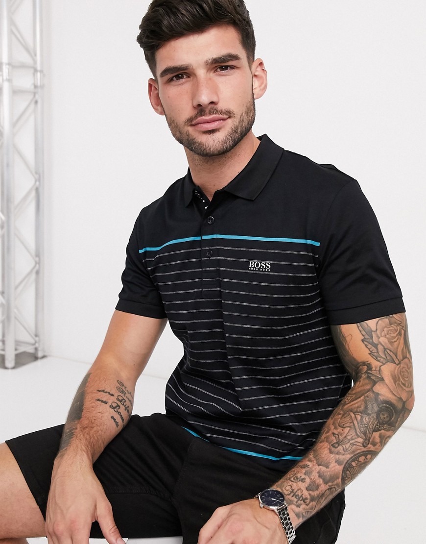 BOSS Athleisure Paule 8 slim fit striped panel polo in black