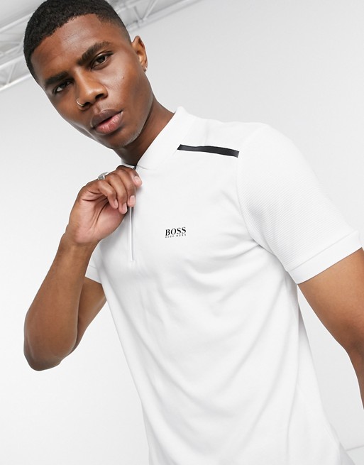 BOSS Athleisure Philix zip collar slim fit polo in white