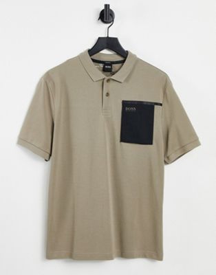 Boss Athleisure pirax polo with contrast pocket in stone