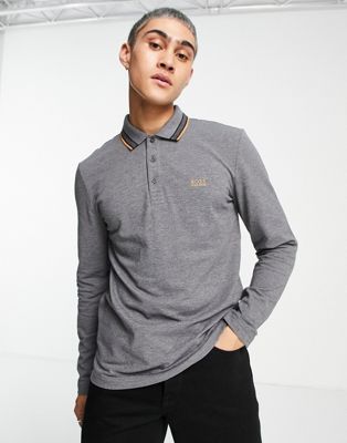 BOSS Athleisure Plisy long sleeve tipped polo in grey