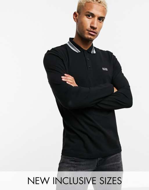 BOSS Athleisure - Plisy - Poloshirt met lange mouwen en gekleurd randje in zwart