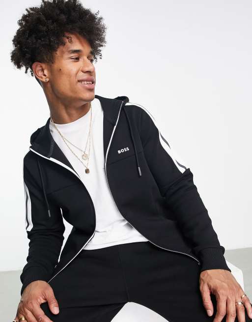 Boss Athleisure Saggy zip through hoodie with arm panels in black | ASOS