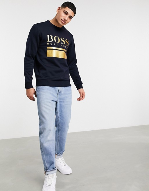 BOSS Athleisure Salbo 1 large logo slim fit sweatshirt in navy/ gold