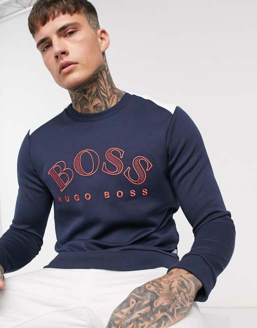 BOSS Athleisure Salbo chest logo sweat in navy ASOS