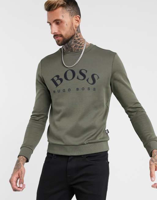 BOSS Athleisure – Salbo – Kakifärgad sweatshirt i smal modell med stor logga, 3 av 4