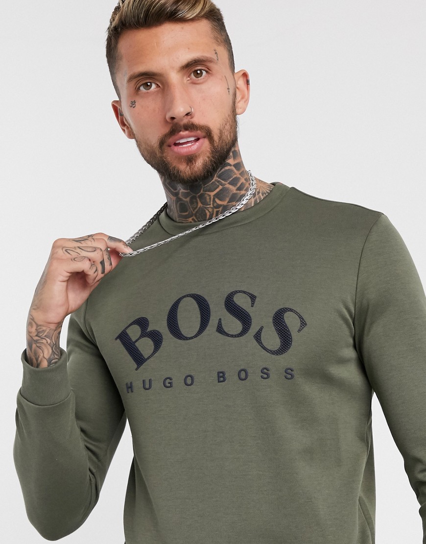 BOSS Athleisure Salbo large logo slim fit sweatshirt in khaki-Green