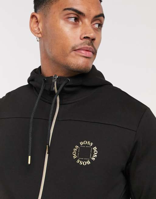 BOSS Athleisure Salbo small circle logo zip through hoodie in black