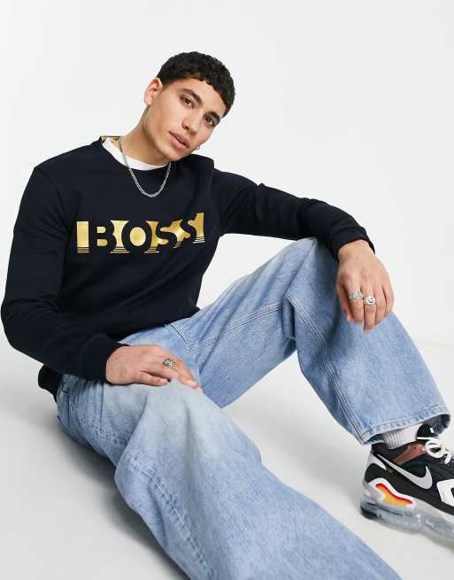 Boss Athleisure - Salbo - Sweater met goudkleurig logo in marineblauw