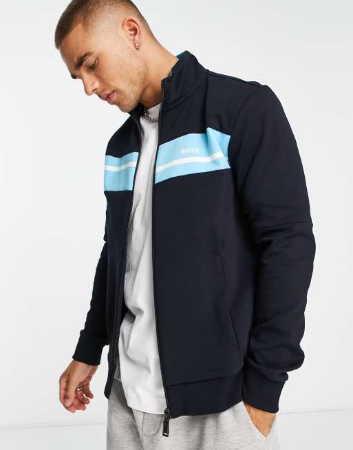 Boss Athleisure Skaz contrast panel zip through track jacket in black ...