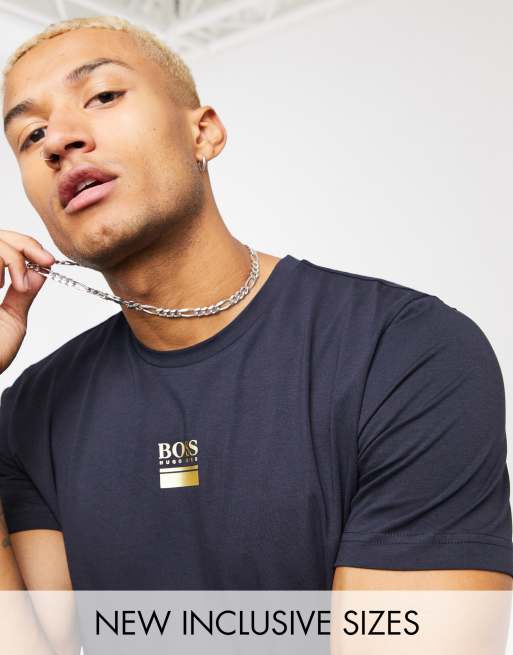 blast Massakre Bage BOSS Athleisure Tee 6 small logo t-shirt in navy/ gold | ASOS