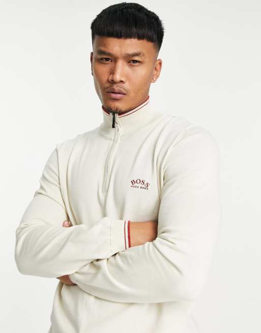 BOSS Athleisure - Zitom - Maglione color pietra con cerniera lampo corta