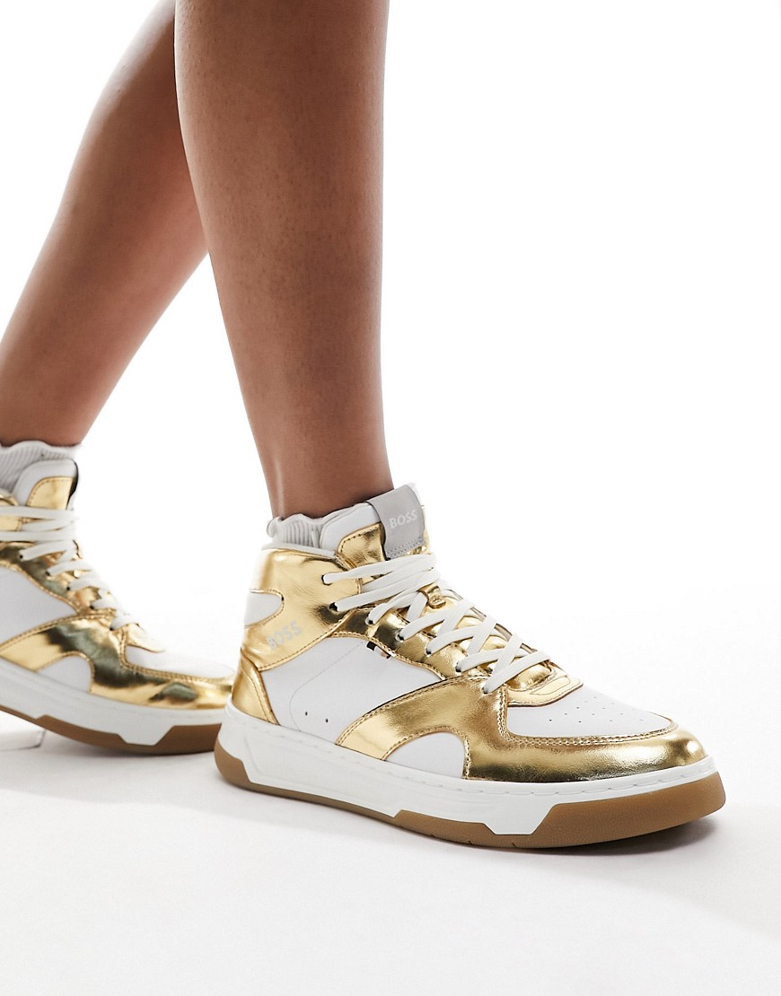 BOSS Baltimore hi-top trainers in white and gold