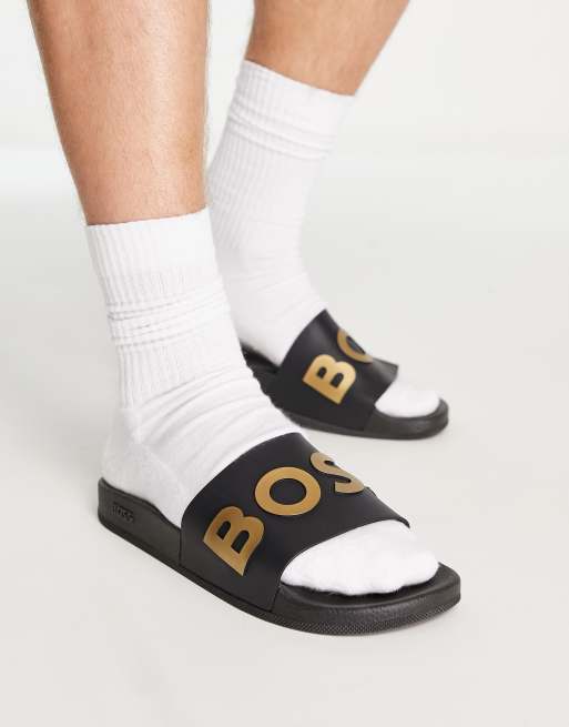 Black and gold hugo boss sliders on sale