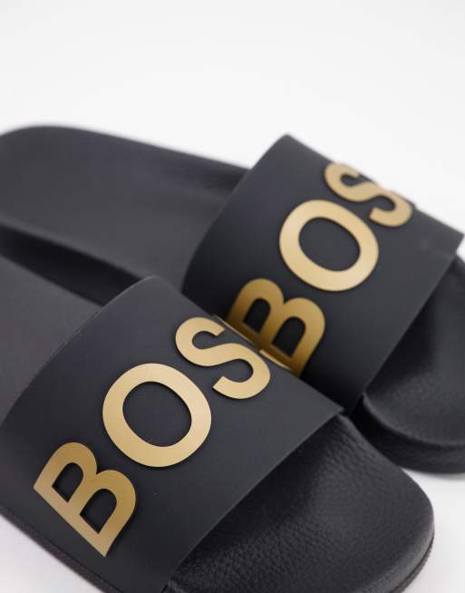 Gold hugo boss discount sliders