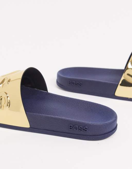 BOSS Bay sliders in gold navy