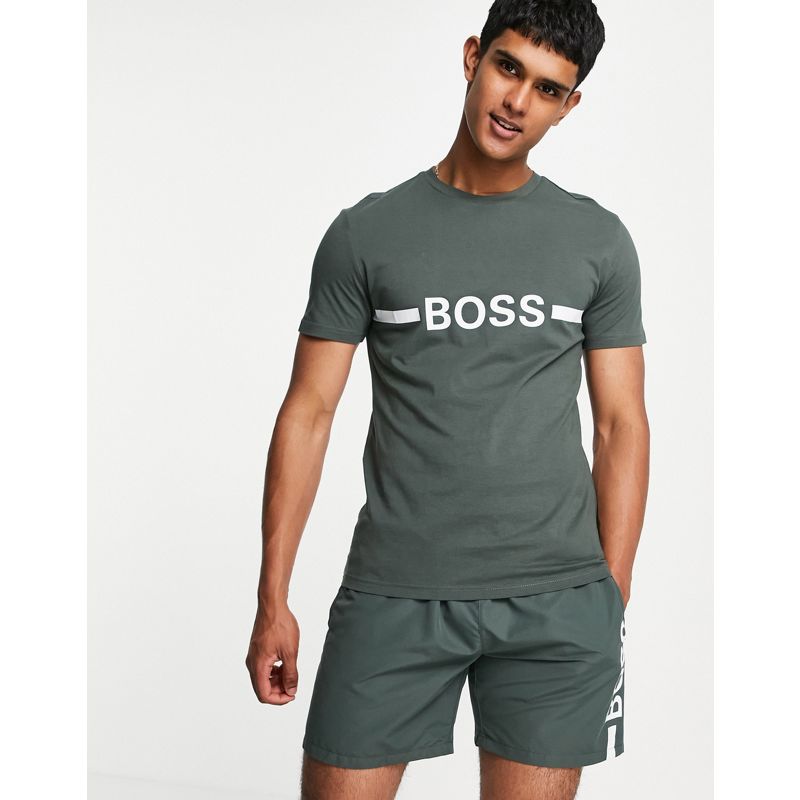 gJJO3 Designer BOSS - Beachwear - T-shirt slim con protezione solare e logo grande sul petto kaki