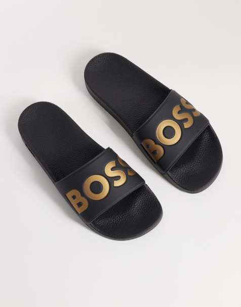 BOSS Black claquettes à logo noires et dorées - view 1