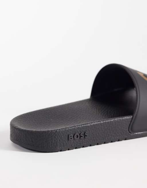 BOSS Black logo-print sliders i sort og guld, 4 af 4