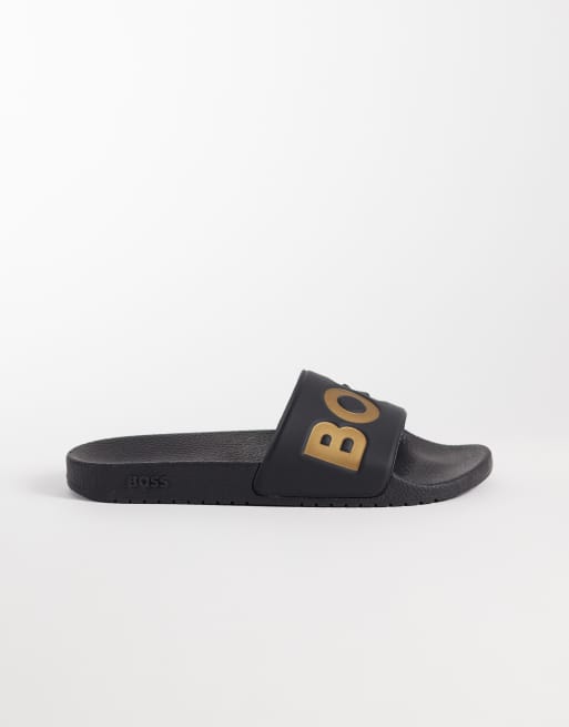 BOSS Black logo print sliders in black and gold , 2 of 4