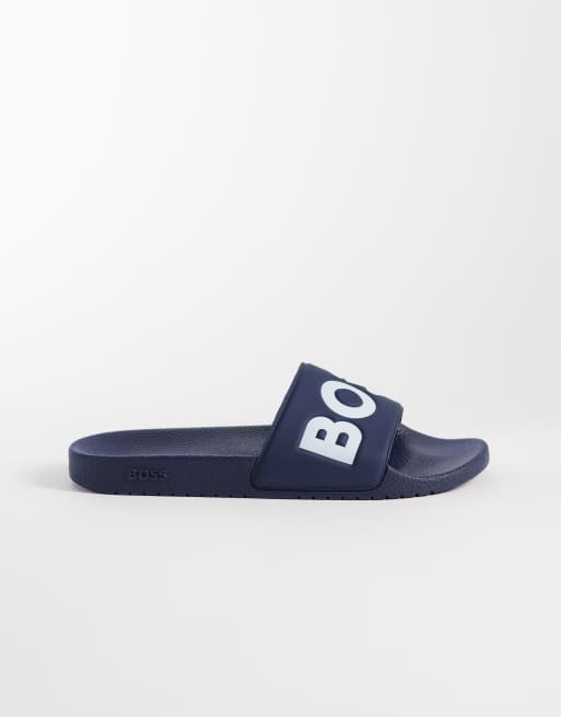 BOSS Black logo print sliders in navy, 2 of 4