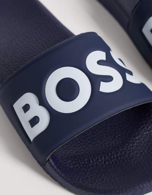 BOSS Black logo print sliders in navy, 3 of 4
