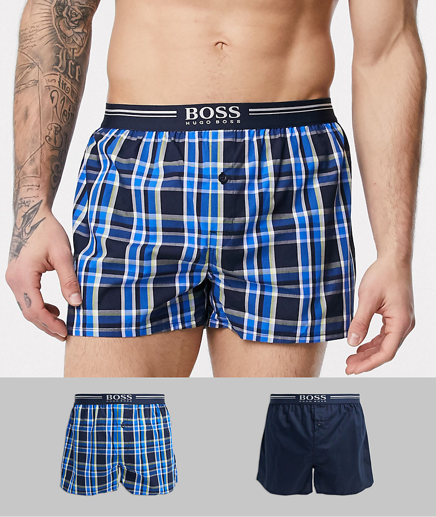 BOSS – Bodywear – 2-pack mörkblå och rutiga, vävda boxershorts-Marinblå