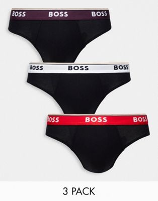 BOSS Bodywear 3 pack briefs in black with coloured waistband