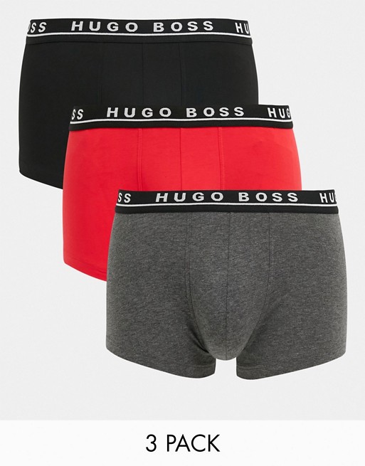 BOSS Bodywear 3 pack contrast waistband trunks in black and red