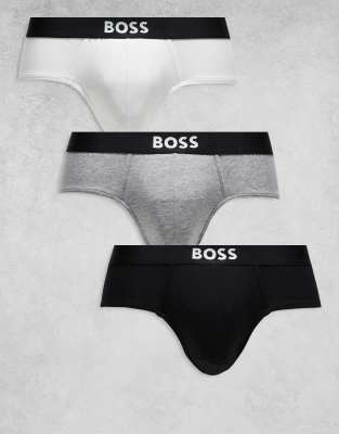 BOSS Bodywear 3-pack front icon logo hipster briefs in black, white and gray