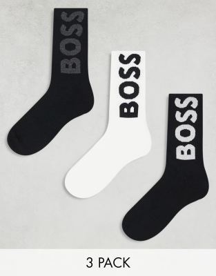 BOSS Bodywear 3 pack in black and white with logo print-Multi