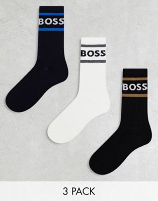 Boss Bodywear 3 pack logo rib stripe socks in black, white and blue