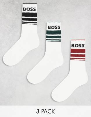 BOSS Bodywear 3 pack logo socks with sports stripe in white