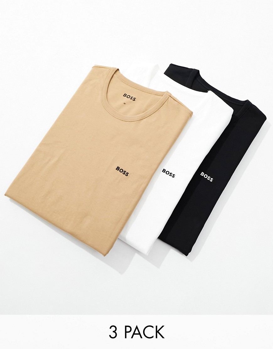 Boss Bodywear 3 pack logo t-shirts in white, khaki and black-Multi
