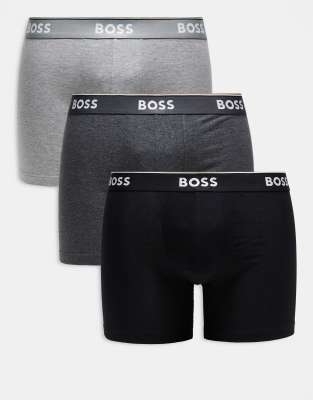 BOSS Bodywear 3-pack Power logo waistband long length trunks in grays/black-Multi