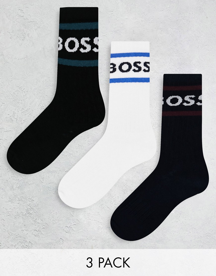 BOSS Bodywear 3 pack rib stripe socks in multi-White