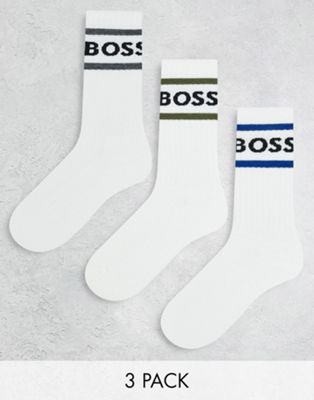 BOSS Bodywear 3 pack rib stripe socks in white