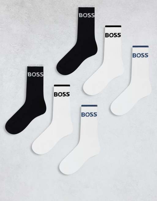 BOSS Bodywear 3 pack stripe logo rib sneaker socks in tan/white/black