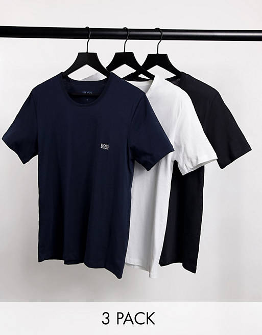 BOSS Bodywear 3 pack t-shirts with small embroidered chest logo in navy/  black/ white | ASOS
