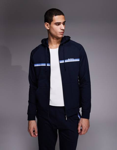 BOSS Bodywear – Authentic – Granatowa bluza z kapturem, paskami i logo - view 1
