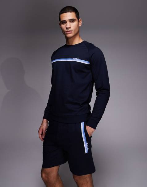 BOSS Bodywear – Authentic – Granatowe szorty domowe w paski z logo - view 1