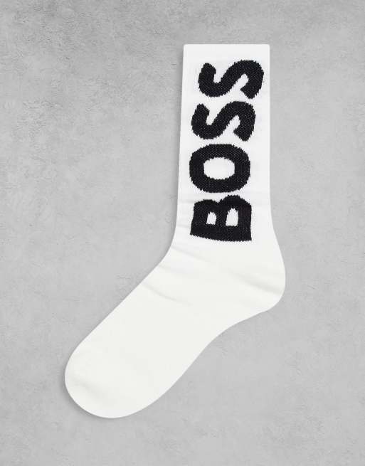 BOSS Bodywear – Białe prążkowane skarpetki do łydki z logo