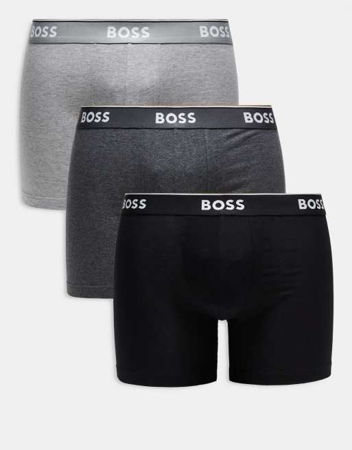 BOSS Bodywear - Boxer Power - Confezione da 3 boxer aderenti grigi e neri taglio lungo con fascia in vita con logo