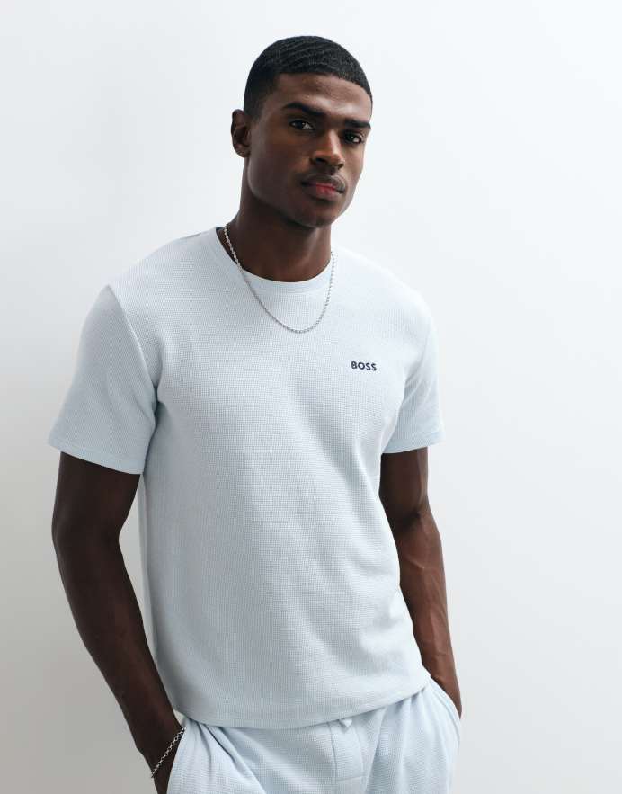 BOSS Bodywear camiseta waffle de conjunto con logo en el pecho en azul claro