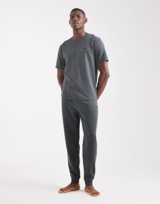 BOSS Bodywear co-ord cuffed waffle lounge joggers in mid green, 2 of 5