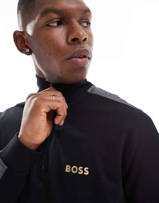 BOSS Bodywear co-ord tracksuit half zip in black, 2 of 4